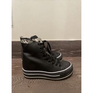 iiJin‎ Black Leather High Top Hidden Wedge Platform Sneakers Women Size 36